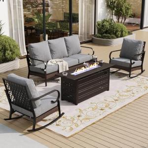 SUNSHINE VALLEY 4 Piece Black Metal Outdoor Patio Furniture Sets with Firepit Table, Patio Conversation Sets 1 3-Seater Sofa, 2 Rocking Sofa with 5.75" Thick Cushion Backyard Furniture for Deck, Gray