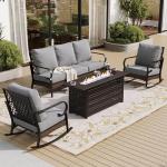 SUNSHINE VALLEY 4 Piece Black Metal Outdoor Patio Furniture Sets with Firepit Table, Patio Conversation Sets 1 3-Seater Sofa, 2 Rocking Sofa with 5.75" Thick Cushion Backyard Furniture for Deck, Gray
