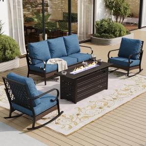 SUNSHINE VALLEY 4 Piece Black Metal Outdoor Patio Furniture Sets with Firepit Table, Patio Conversation Sets 1 3-Seater Sofa 2 Rocking Sofa with 5.75" Thick Cushion Backyard Furniture for Deck, Blue-2