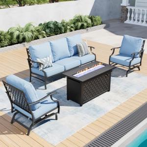 SUNSHINE VALLEY 4 Piece Metal Outdoor Patio Furniture Set with 5000 BTU Firepit Table, Patio Conversation Sets 1 3-seater Sofa, 2 Rocking Chair with 5.75" Thick Cushion, Black Backyard Furniture, Blue