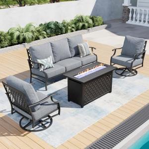 SUNSHINE VALLEY 4 Piece Metal Outdoor Patio Furniture Sets with 5000 BTU Firepit Table, Patio Conversation Sets 1 3-seater Sofa, 2 Swivel Chair with 5.75" Thick Cushion, Black Backyard Furniture, Gray