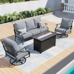 SUNSHINE VALLEY 4 Piece Metal Outdoor Patio Furniture Sets with 5000 BTU Firepit Table, Patio Conversation Sets 1 3-seater Sofa, 2 Swivel Chair with 5.75" Thick Cushion, Black Backyard Furniture, Gray