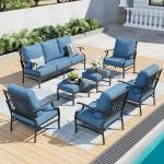 SUNSHINE VALLEY 7 Piece Metal Outdoor Patio Furniture Set, Patio Conversation Sets 1 3-seater Sofa, 4 Fixed Chair, 2 Ottomans with 5.75" Thick Cushion, Black All-weather Frame Backyard Furniture, Navy