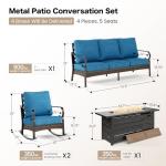SUNSHINE VALLEY 4 Piece Black Metal Outdoor Patio Furniture Sets with Firepit Table, Patio Conversation Sets 1 3-Seater Sofa 2 Rocking Sofa with 5.75" Thick Cushion Backyard Furniture for Deck, Blue-2