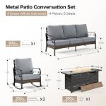 SUNSHINE VALLEY 4 Piece Black Metal Outdoor Patio Furniture Sets with Firepit Table, Patio Conversation Sets 1 3-Seater Sofa, 2 Rocking Sofa with 5.75" Thick Cushion Backyard Furniture for Deck, Gray