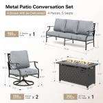 SUNSHINE VALLEY 4 Piece Metal Outdoor Patio Furniture Sets with 5000 BTU Firepit Table, Patio Conversation Sets 1 3-seater Sofa, 2 Swivel Chair with 5.75" Thick Cushion, Black Backyard Furniture, Gray