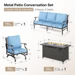 SUNSHINE VALLEY 4 Piece Metal Outdoor Patio Furniture Set with 5000 BTU Firepit Table, Patio Conversation Sets 1 3-seater Sofa, 2 Rocking Chair with 5.75" Thick Cushion, Black Backyard Furniture, Blue