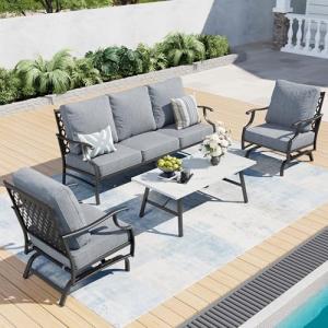 SUNSHINE VALLEY 4 Piece Metal Outdoor Patio Furniture Set, Patio Conversation Set 1 3-seater Sofa, 2 Rocking Chair with 5.75" Extra Thick Cushion and Coffee Table, Black Frame Backyard Furniture, Gray