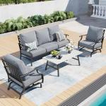 SUNSHINE VALLEY 4 Piece Metal Outdoor Patio Furniture Set, Patio Conversation Set 1 3-seater Sofa, 2 Rocking Chair with 5.75" Extra Thick Cushion and Coffee Table, Black Frame Backyard Furniture, Gray