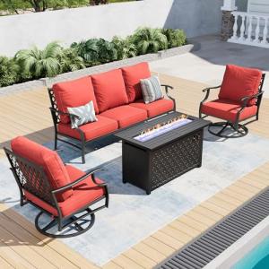 SUNSHINE VALLEY 4 Piece Metal Outdoor Patio Furniture Sets with 5000 BTU Firepit Table, Patio Conversation Sets 1 3-Seater Sofa, 2 Swivel Chair with 5.75" Thick Cushion, Black Backyard Furniture, Red