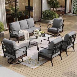 SUNSHINE VALLEY 6 Piece Metal Outdoor Patio Furniture Set, Patio Conversation Set - 1 3-Seater Sofa and 2 Swivel Sofas with 5.75" Thick Cushions & Coffee Table - Black and Gray Backyard Furniture