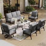 SUNSHINE VALLEY 6 Piece Metal Outdoor Patio Furniture Set, Patio Conversation Set - 1 3-Seater Sofa and 2 Swivel Sofas with 5.75" Thick Cushions & Coffee Table - Black and Gray Backyard Furniture