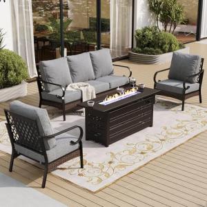 SUNSHINE VALLEY 4 Piece Black Metal Outdoor Patio Furniture Sets with Firepit Table, Patio Conversation Sets 1 3-Seater Sofa, 2 Single Sofa with 5.75" Thick Cushion Backyard Furniture for Deck, Gray