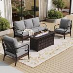 SUNSHINE VALLEY 4 Piece Black Metal Outdoor Patio Furniture Sets with Firepit Table, Patio Conversation Sets 1 3-Seater Sofa, 2 Single Sofa with 5.75" Thick Cushion Backyard Furniture for Deck, Gray