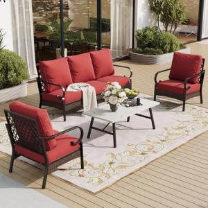 SUNSHINE VALLEY 4 Piece Metal Outdoor Patio Furniture Set, Patio Conversation Sets 1 3-Seater Sofa, 2 Chairs with 5.75" Extra Thick Cushion and Coffee Table, Black Frame Backyard Furniture, Rust Red