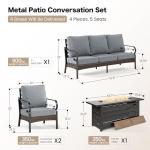 SUNSHINE VALLEY 4 Piece Black Metal Outdoor Patio Furniture Sets with Firepit Table, Patio Conversation Sets 1 3-Seater Sofa, 2 Single Sofa with 5.75" Thick Cushion Backyard Furniture for Deck, Gray
