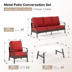 SUNSHINE VALLEY 4 Piece Metal Outdoor Patio Furniture Set, Patio Conversation Sets 1 3-Seater Sofa, 2 Chairs with 5.75" Extra Thick Cushion and Coffee Table, Black Frame Backyard Furniture, Rust Red