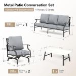 SUNSHINE VALLEY 4 Piece Metal Outdoor Patio Furniture Set, Patio Conversation Set 1 3-seater Sofa, 2 Rocking Chair with 5.75" Extra Thick Cushion and Coffee Table, Black Frame Backyard Furniture, Gray