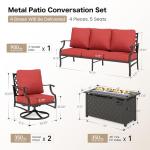 SUNSHINE VALLEY 4 Piece Metal Outdoor Patio Furniture Sets with 5000 BTU Firepit Table, Patio Conversation Sets 1 3-Seater Sofa, 2 Swivel Chair with 5.75" Thick Cushion, Black Backyard Furniture, Red