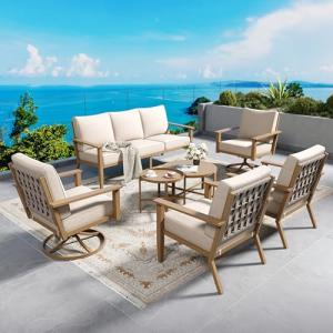 SUNSHINE VALLEY Patio Conversation Set,7 Pcs Metal Outdoor Furniture with 3-Seater Sofa,2 Swivel Chairs,2 Single Chairs,Metal Nested Table and 5.75" Extra Thick Cushion for Lawn Garden Backyard,Beige