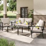 JOYURE 4 Pieces Patio Furniture Set w/loveseat,Coffe Table,Outdoor Conversation Metal Sofa with High Back and Thick Cushion,for Backyard,Garden,Beige