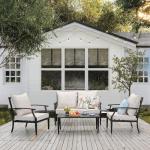 JOYURE 4 Pieces Patio Furniture Set w/loveseat,Coffe Table,Outdoor Conversation Metal Sofa with High Back and Thick Cushion,for Backyard,Garden,Beige
