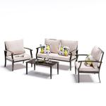 JOYURE 4 Pieces Patio Furniture Set w/loveseat,Coffe Table,Outdoor Conversation Metal Sofa with High Back and Thick Cushion,for Backyard,Garden,Beige
