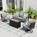Sophia & William Patio Furniture Sets with 45" Gas Fire Pit Table Outdoor Metal Conversation Sets for 5, 2 x Swivel Cushioned Patio Sofa Chairs, 1 x 3-Seat Sofa 4 Pieces for Lawn Backyard Grey