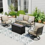 Sophia & William Patio Furniture Sets with 45" Gas Fire Pit Table Outdoor Metal Conversation Sets for 5, 2 x Swivel Cushioned Patio Sofa Chairs, 1 x 3-Seat Sofa 4 Pieces for Lawn Backyard Beige