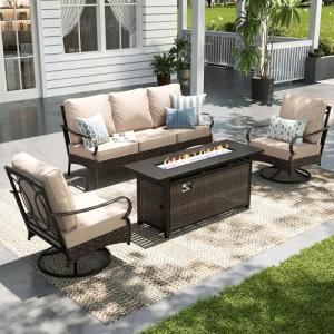 Sophia & William Patio Furniture Set with Fire Pit Table, 4 PCS Metal Outdoor Conversation Set with Fire Pit Table, 2 Swivel Chairs,3-Seater Couch for Outdoor Seating, Backyard, Porch(Beige)