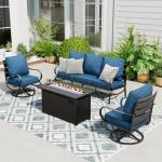 Sophia & William Patio Furniture Sets with 45" Gas Fire Pit Table Outdoor Metal Conversation Sets for 5, 2 x Swivel Cushioned Patio Sofa Chairs, 1 x 3-Seat Sofa 4 Pieces for Lawn Backyard Peacock Blue