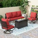 PHI VILLA 4 Piece Patio Furniture with Metal FirePit Table, 1 x 3-Seat Wide Deep Seating Bench & 2 x Swivel Sofa Chairs, 5.75" Thick Cushioned Outdoor Furniture Conversation Set for 5, Red