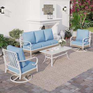 SUNSHINE VALLEY 4 Piece Metal Outdoor Patio Furniture Set, Patio Conversation Sets with 3-Seater Sofa, 2 Swivel Chairs and Coffee Table, White Frame Outdoor Seating Furniture for Bavkyard, Blue