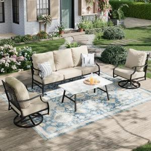 MIXPATIO Patio Furniture Set 4 pcs, Metal Outdoor Patio Furniture, 3-Seat Sofa, 2 Swivel Chairs, Metal Coffee Table and 5.75" Extra Thick Cushion, Patio Conversation Set,Beige