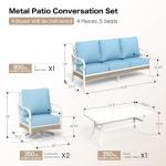 SUNSHINE VALLEY 4 Piece Metal Outdoor Patio Furniture Set, Patio Conversation Sets with 3-Seater Sofa, 2 Swivel Chairs and Coffee Table, White Frame Outdoor Seating Furniture for Bavkyard, Blue