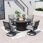 Kurapika 5 Piece Metal Outdoor Patio Furniture Set with Round Fire Pit Table, Patio Conversation Sets 4 Swivel Chairs with Thick Cushion and 40000 BTU Fire Pit Table, Gray