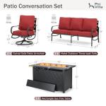 PHI VILLA 4 Piece Patio Furniture with Metal FirePit Table, 1 x 3-Seat Wide Deep Seating Bench & 2 x Swivel Sofa Chairs, 5.75" Thick Cushioned Outdoor Furniture Conversation Set for 5, Red