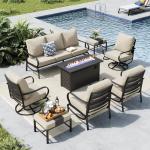 MFSTUDIO Patio Furniture Sets with 45" Gas Fire Pit Table, 8 Pieces Outdoor Metal Conversation Sets with 1 x 3-Seat Sofa, 2 Single Chairs, 2 Swivel Chairs and 2 Ottomans, Beige Cushion