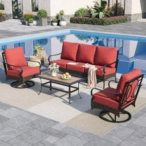 Sophia & William Patio Furniture Set, 4 Piece Metal Outdoor Conversation Set with 3-Seater Outdoor Couch, 2 Swivel Chairs, 1 Coffee Table for Outdoor Seating, Backyard, Porch(Red)
