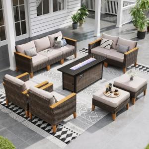 Sophia & William Patio Furniture Set with 56-Inch Fire Pit Table, 4 Corner Sofa, 3 Single Chairs, 2 x Ottoman, Outdoor Wicker Sectional Sofa Patio Conversation Set for Pool,Deck,Lawn (Beige)