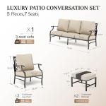 HERA'S HOUSE 5 Piece Patio Furniture Set, 2 x Cushioned Metal Chair, 2 x Ottoman, 1 x 3-Seat Sofa, All Cushioned 7 Seats Outdoor Conversation Set for Lawn Garden Backyard