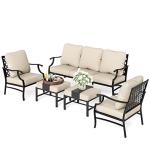 HERA'S HOUSE 5 Piece Patio Furniture Set, 2 x Cushioned Metal Chair, 2 x Ottoman, 1 x 3-Seat Sofa, All Cushioned 7 Seats Outdoor Conversation Set for Lawn Garden Backyard