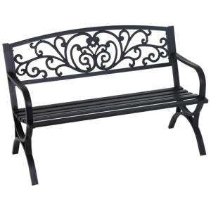 50-Inch Black Garden Bench with Floral Design
