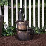 Alpine Corporation 27" Tall Rustic Outdoor 2-Tier Barrel Pump Water Fountain with Soothing Cascading Water Flow for Patio, Yard, Porch, or Landscape, Bronze