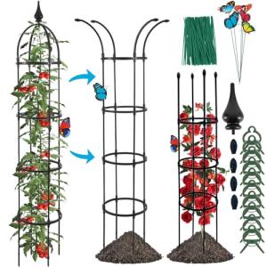 WellSign Garden Obelisk Trellis for Climbing Plants Outdoor, 6.6ft Tall Rustproof Coated Metal Plant Support with Garden Twist Tie for Tomato Cucumber Ivy Vines Rose Potted Plant Trellis 1 Pack