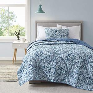 Comfort Spaces Reversible Quilt Set-Vermicelli Stitching Design All Season, Lightweight, Coverlet Bedspread Bedding, Matching Shams, Twin/Twin XL (66 in x 90 in), Gloria Damask Aqua 2 Piece