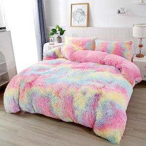 PERFEMET Pink Faux Fur Fluffy Comforter Twin 3-Piece Colorful Rainbow Plush Shaggy Bedding Sets for Girls Tie Dye Fuzzy Furry Comforter Set(Pink, Twin)