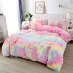 PERFEMET Pink Faux Fur Fluffy Comforter Twin 3-Piece Colorful Rainbow Plush Shaggy Bedding Sets for Girls Tie Dye Fuzzy Furry Comforter Set(Pink, Twin)