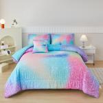 PERFEMET Pink Green Girls Twin Comforter Set, 6 Pieces Colorful Rainbow Kids Bedding Sets, Tie Dye Ombre Glitter Bed in A Bag Comforter Set with Sheets