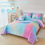 PERFEMET Pink Green Girls Twin Comforter Set, 6 Pieces Colorful Rainbow Kids Bedding Sets, Tie Dye Ombre Glitter Bed in A Bag Comforter Set with Sheets